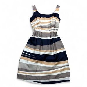 Banana Republic 100% silk navy, brown and cream asymmetrical striped dress